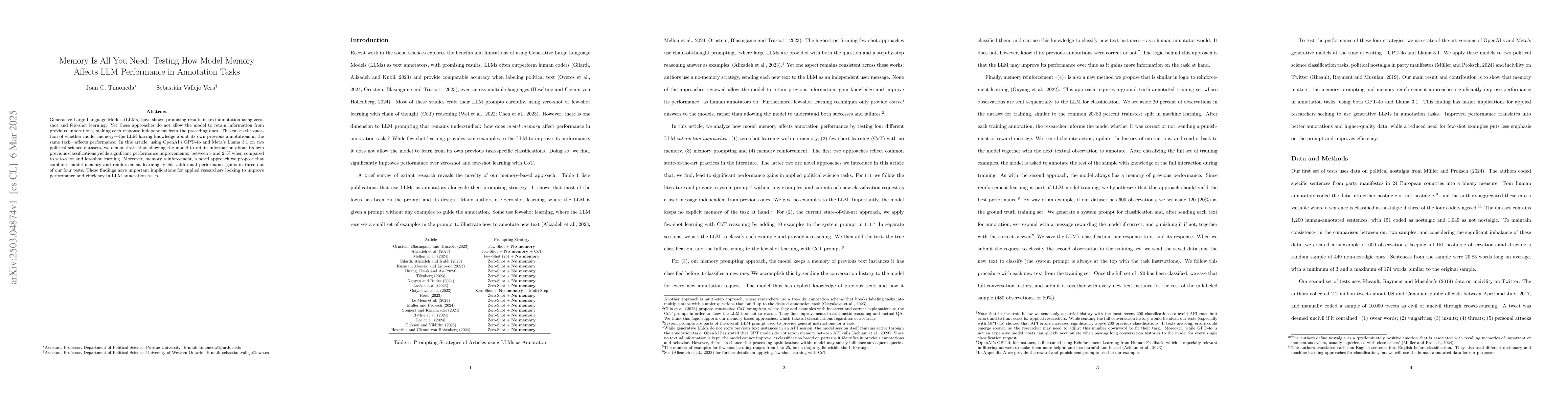 Thumbnail for Memory Is All You Need: Testing How Model Memory Affects LLM Performance
  in Annotation Tasks