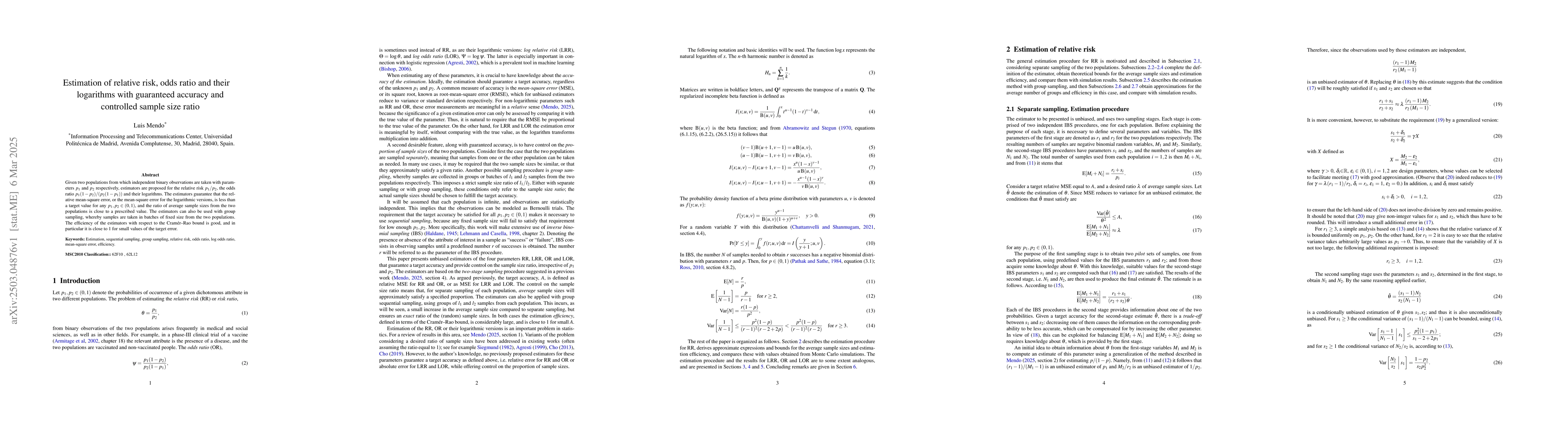 Thumbnail for Estimation of relative risk, odds ratio and their logarithms with
  guaranteed accuracy and controlled sample size ratio