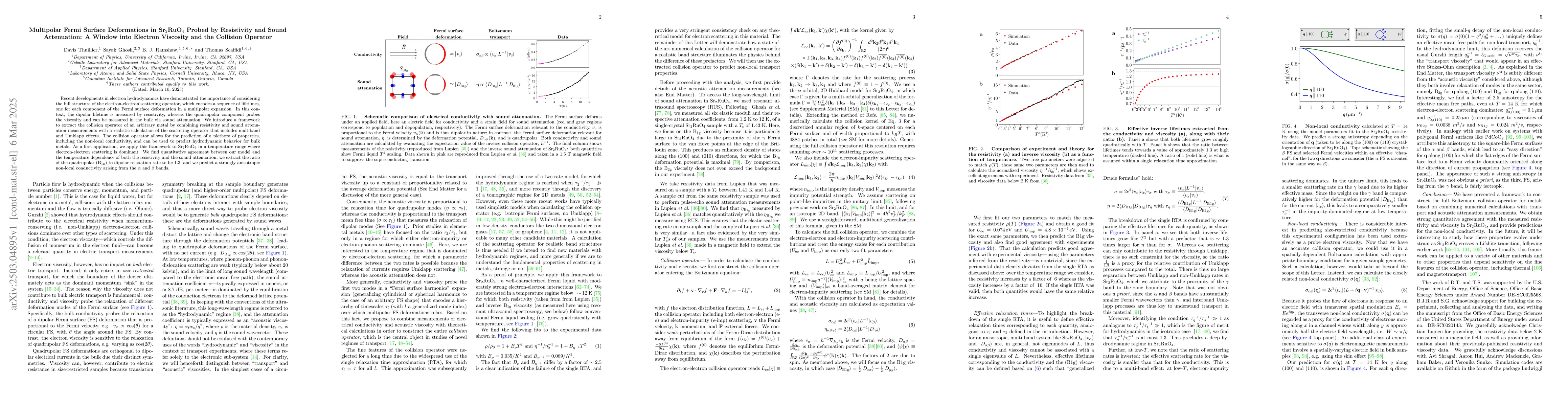 Thumbnail for Multipolar Fermi Surface Deformations in Sr$_2$RuO$_4$ Probed by
  Resistivity and Sound Attenuation: A Window into Electron Viscosity and the
  Collision Operator