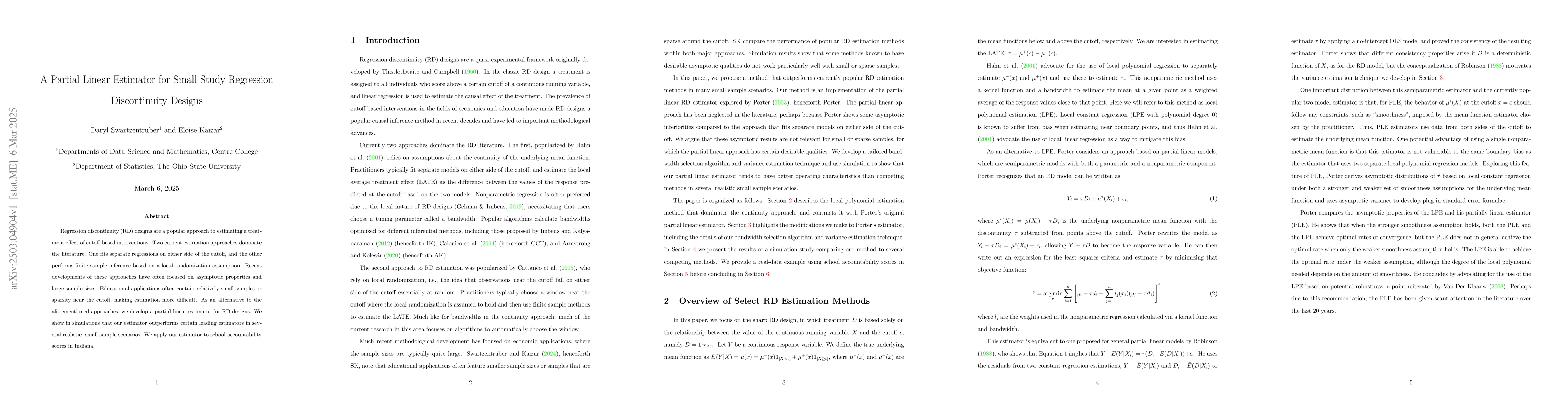 Thumbnail for A Partial Linear Estimator for Small Study Regression Discontinuity
  Designs