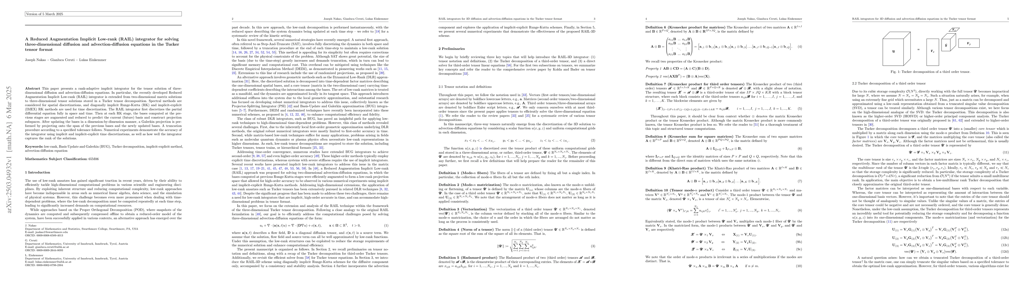 Thumbnail for A Reduced Augmentation Implicit Low-rank (RAIL) integrator for solving
  three-dimensional diffusion and advection-diffusion equations in the Tucker
  tensor format