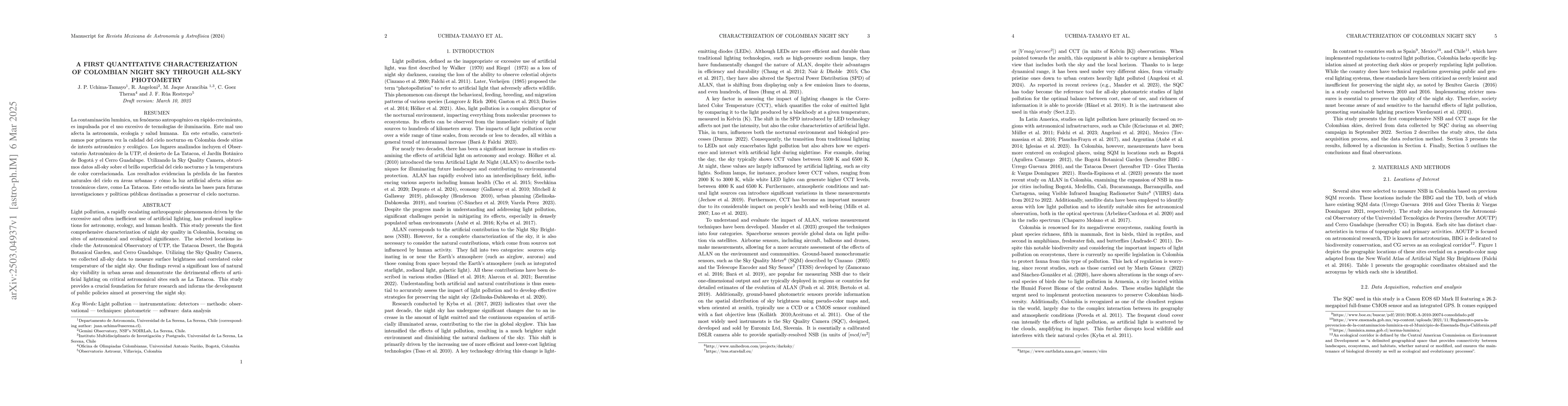 Thumbnail for A First Quantitative Characterization of Colombian Night Sky Through
  All-Sky Photometry