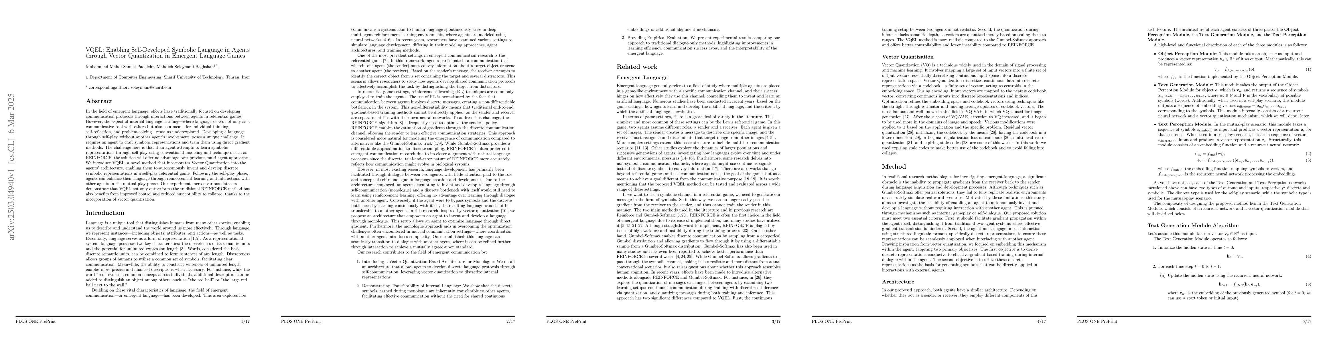 Thumbnail for VQEL: Enabling Self-Developed Symbolic Language in Agents through Vector
  Quantization in Emergent Language Games