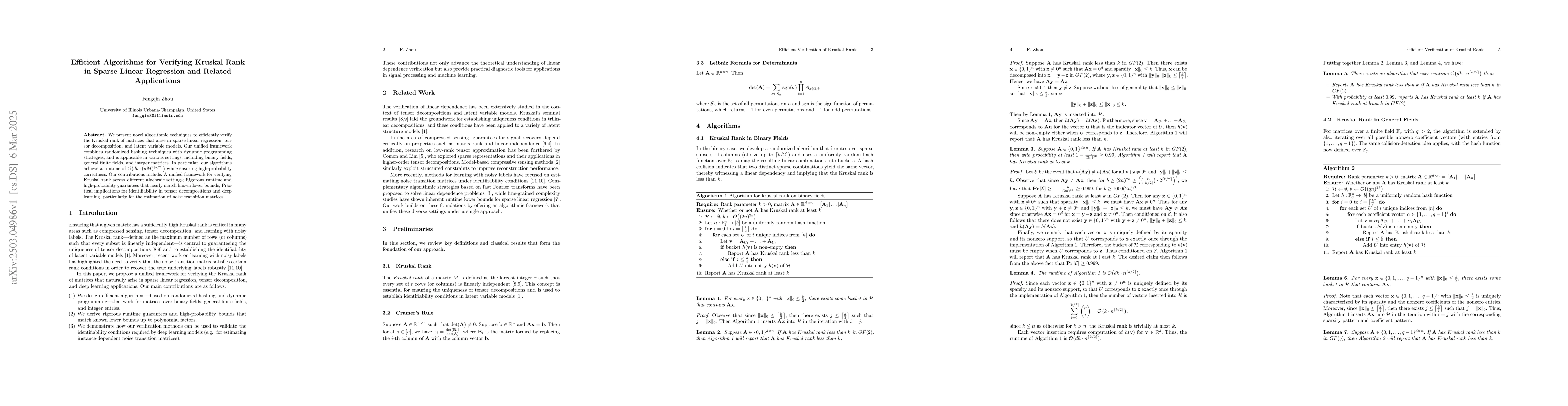 Thumbnail for Efficient Algorithms for Verifying Kruskal Rank in Sparse Linear
  Regression and Related Applications