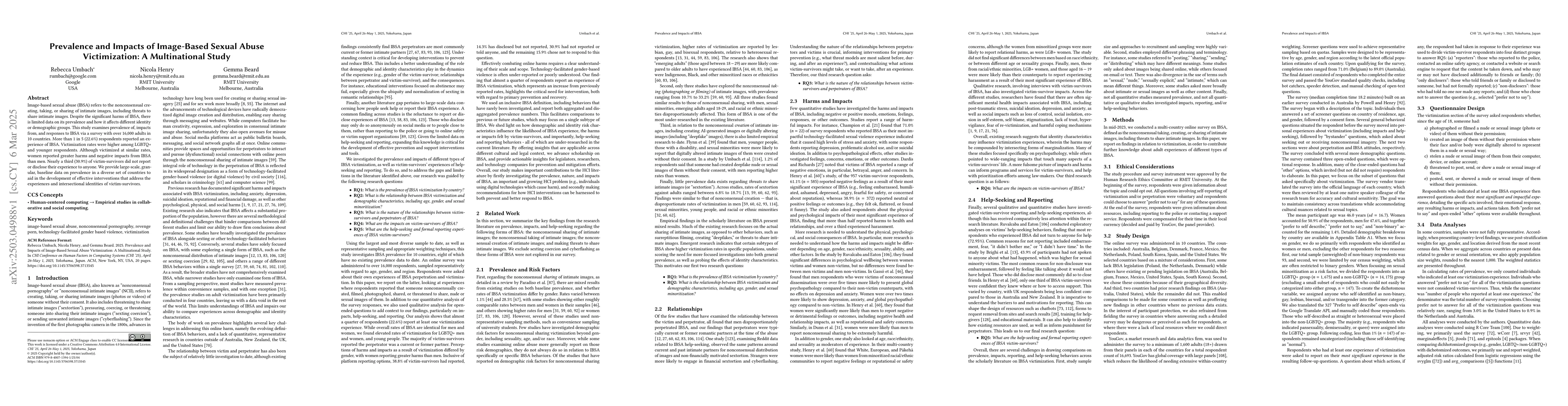 Thumbnail for Prevalence and Impacts of Image-Based Sexual Abuse Victimization: A
  Multinational Study