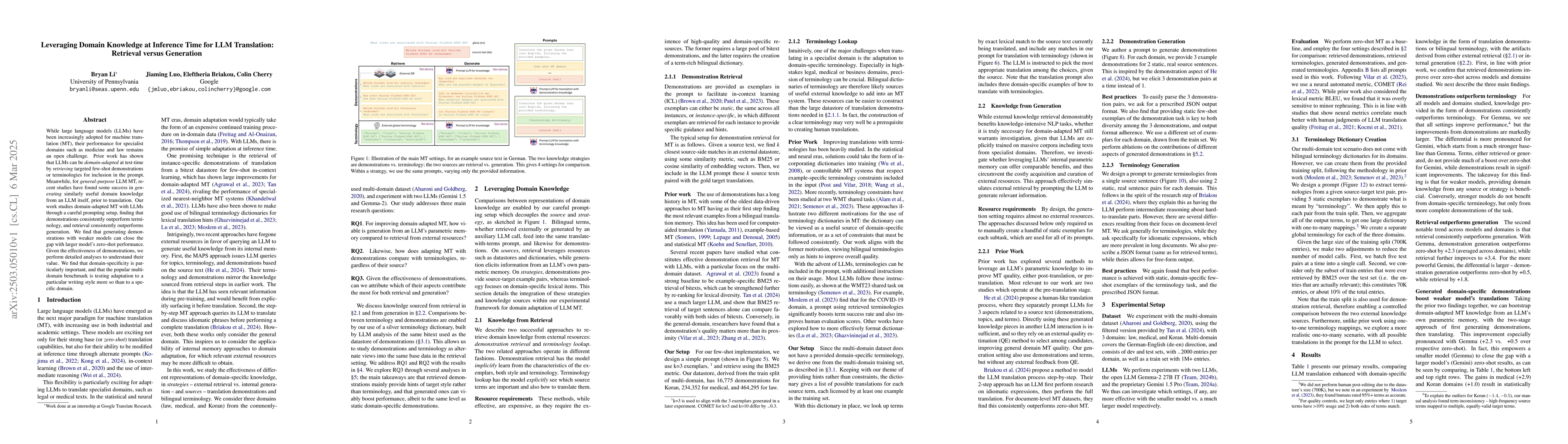 Thumbnail for Leveraging Domain Knowledge at Inference Time for LLM Translation:
  Retrieval versus Generation