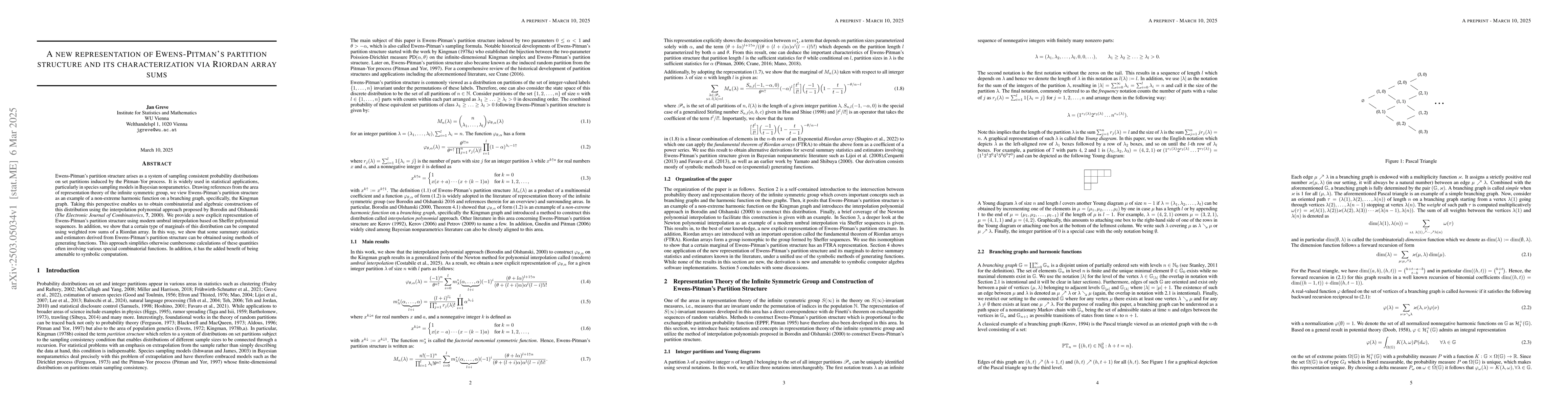 Thumbnail for A New Representation of Ewens-Pitman's Partition Structure and Its
  Characterization via Riordan Array Sums