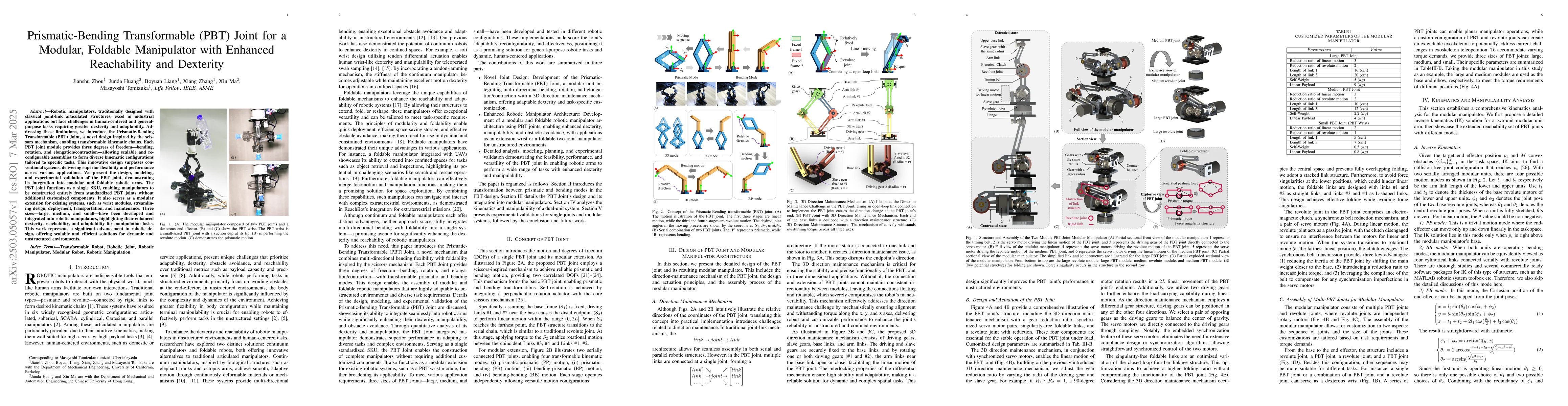 Thumbnail for Prismatic-Bending Transformable (PBT) Joint for a Modular, Foldable
  Manipulator with Enhanced Reachability and Dexterity