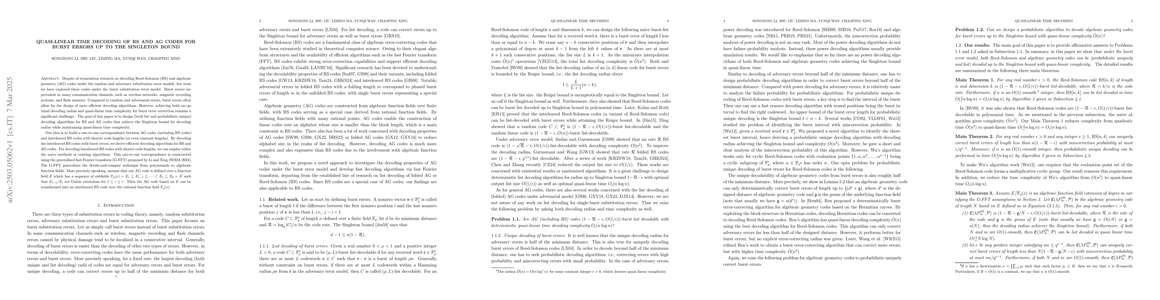 Thumbnail for Quasi-linear time decoding of RS and AG codes for burst errors up to the
  Singleton bound