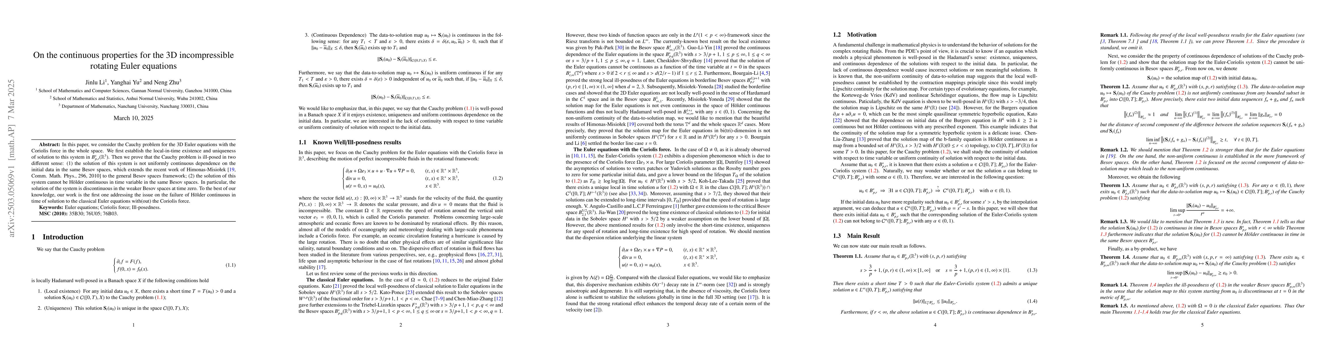 Thumbnail for On the continuous properties for the 3D incompressible rotating Euler
  equations