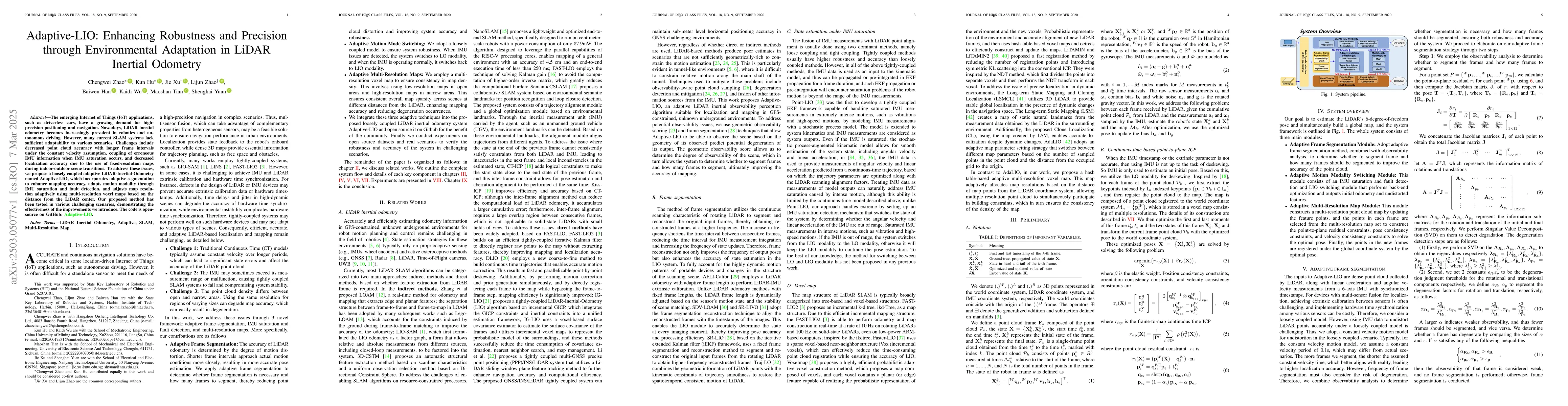 Thumbnail for Adaptive-LIO: Enhancing Robustness and Precision through Environmental
  Adaptation in LiDAR Inertial Odometry