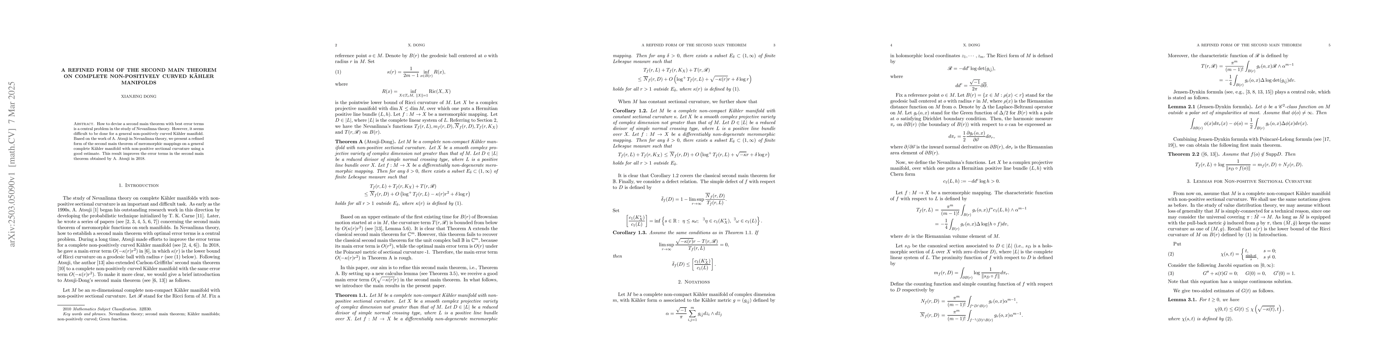 Thumbnail for A refined form of the second main theorem on complete non-positively
  curved Kähler manifolds