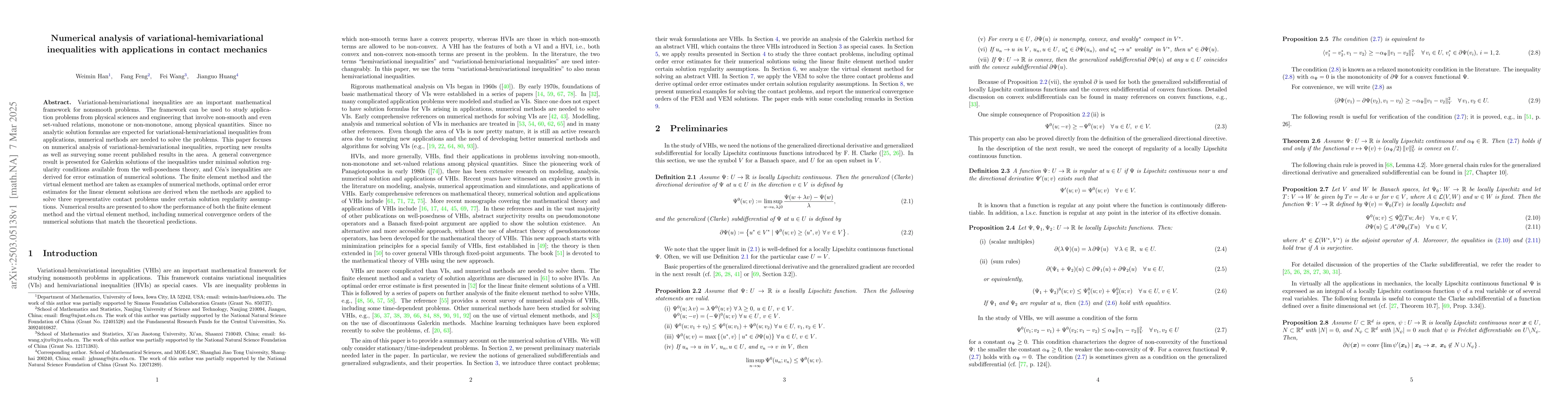 Thumbnail for Numerical analysis of variational-hemivariational inequalities with
  applications in contact mechanics