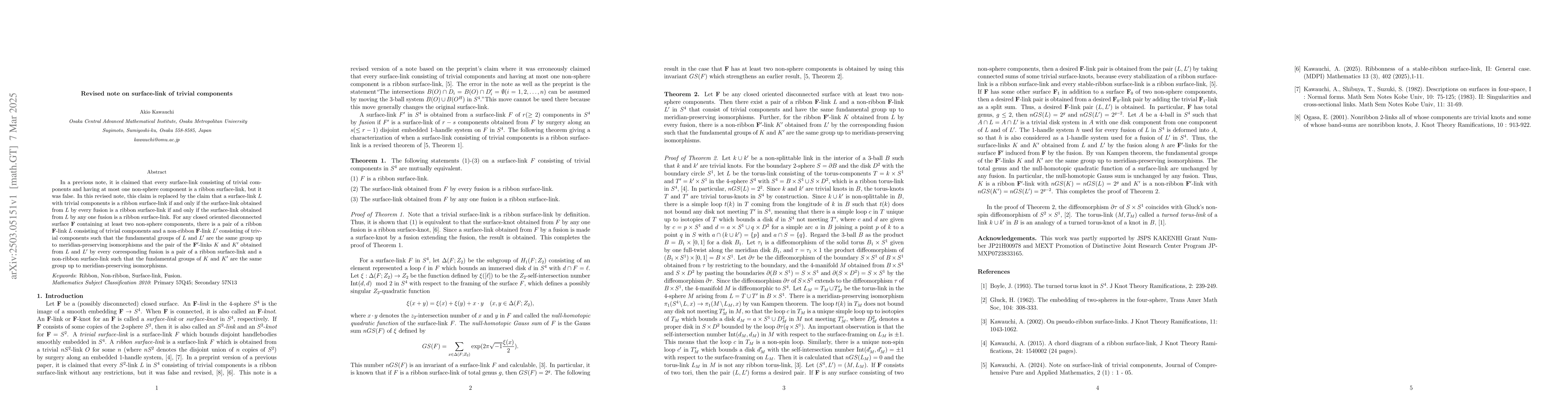 Thumbnail for Revised note on surface-link of trivial components