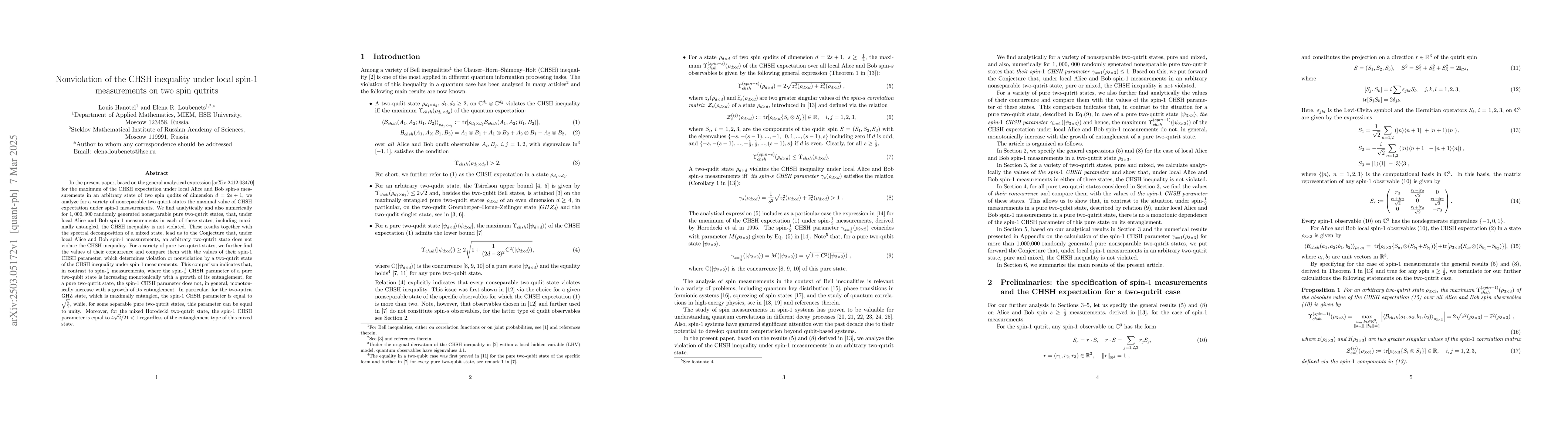 Thumbnail for Nonviolation of the CHSH inequality under local spin-1 measurements on
  two spin qutrits