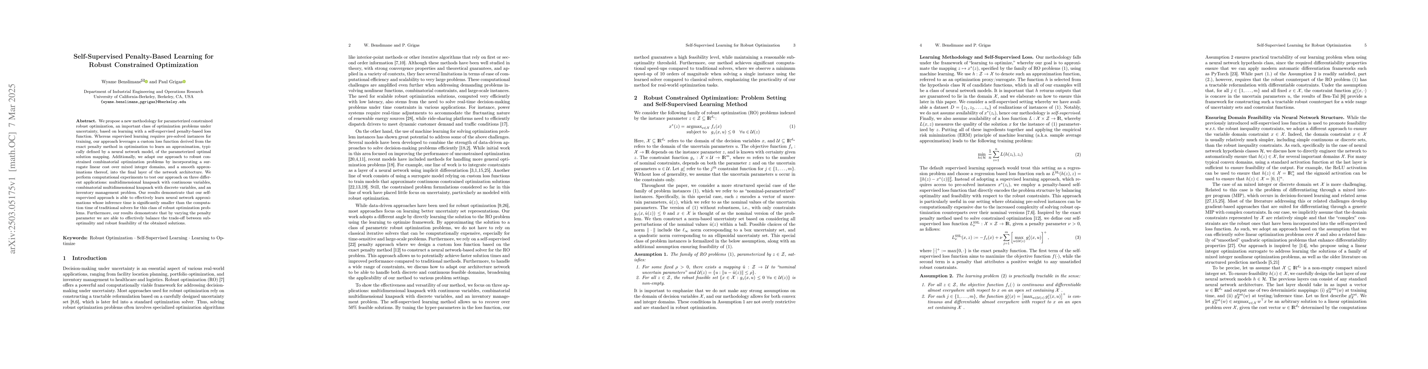 Thumbnail for Self-Supervised Penalty-Based Learning for Robust Constrained
  Optimization
