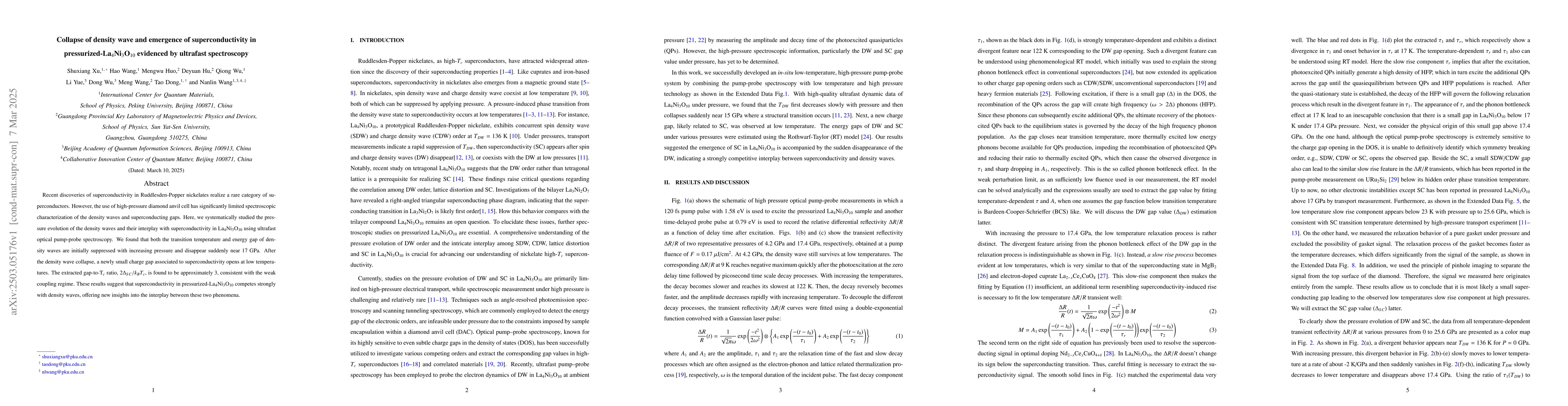 Thumbnail for Collapse of density wave and emergence of superconductivity in
  pressurized-La$_4$Ni$_3$O$_{10}$ evidenced by ultrafast spectroscopy