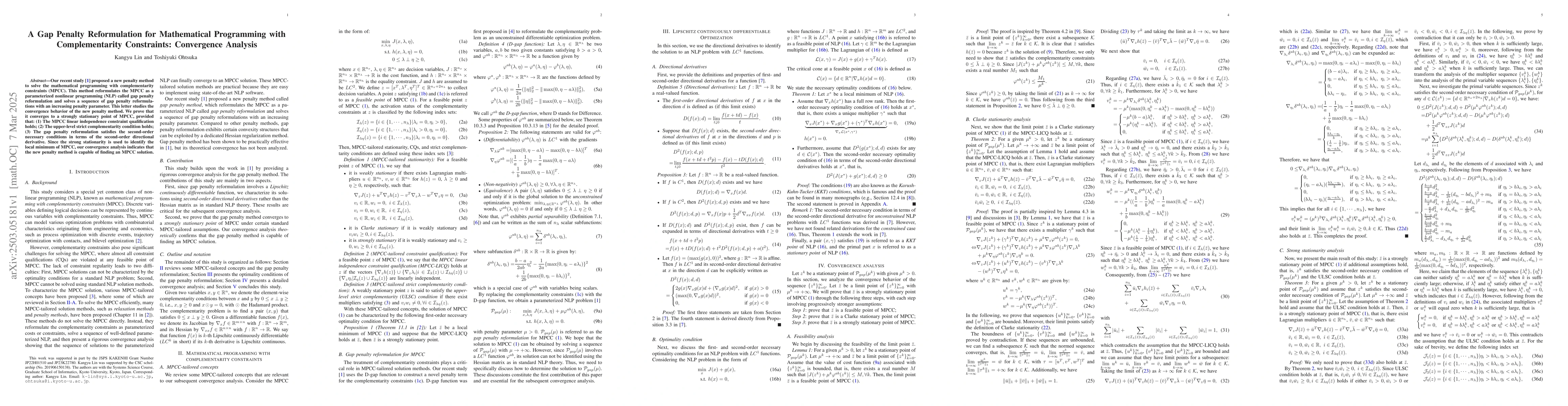 Thumbnail for A Gap Penalty Reformulation for Mathematical Programming with
  Complementarity Constraints: Convergence Analysis