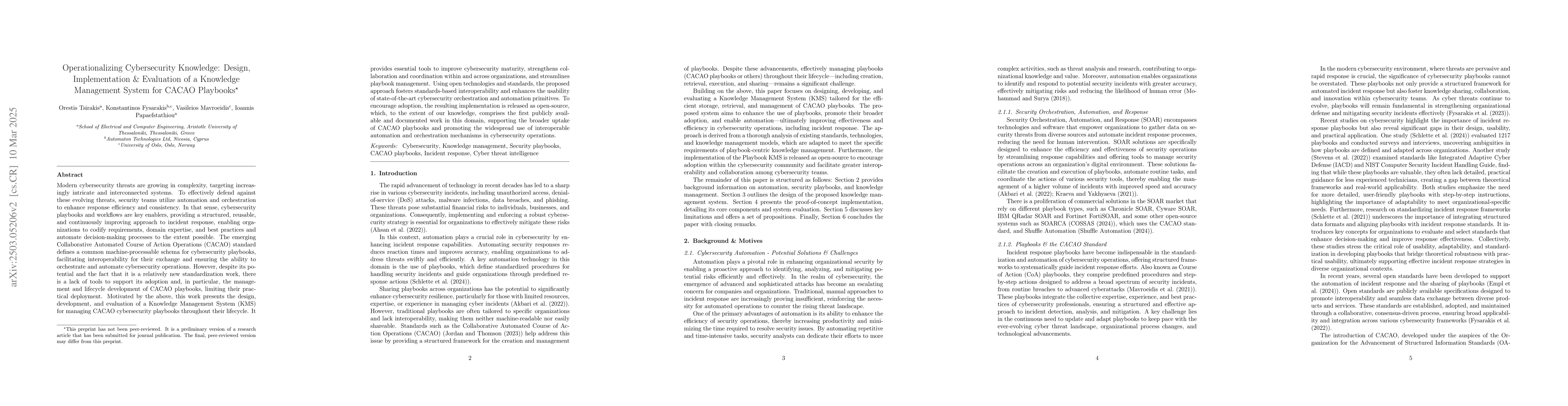 Thumbnail for Operationalizing Cybersecurity Knowledge: Design, Implementation &
  Evaluation of a Knowledge Management System for CACAO Playbooks