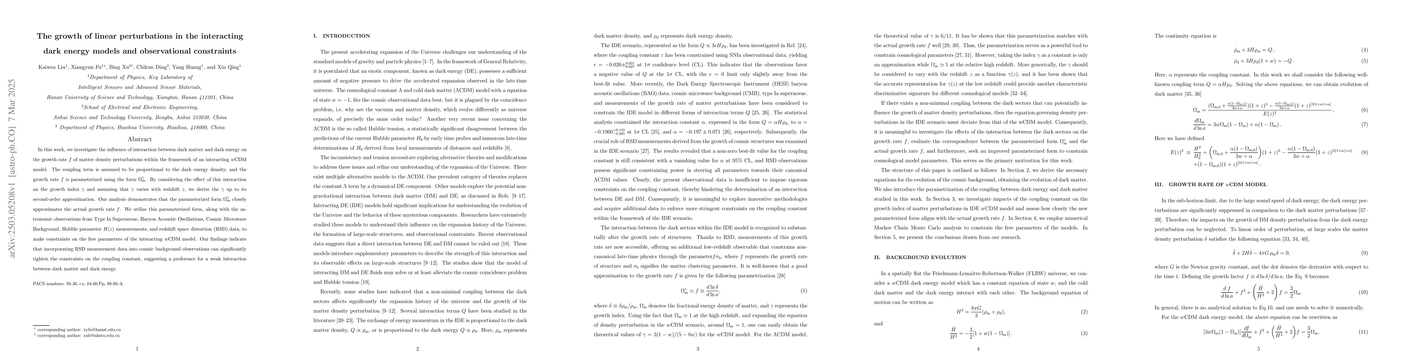 Thumbnail for The growth of linear perturbations in the interacting dark energy models
  and observational constraints