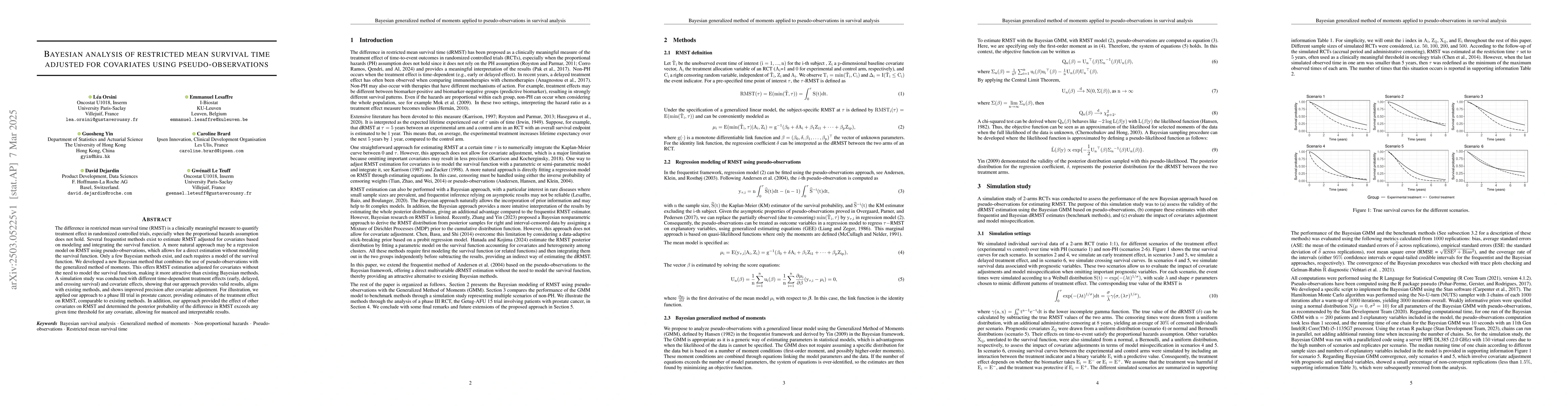 Thumbnail for Bayesian analysis of restricted mean survival time adjusted for
  covariates using pseudo-observations