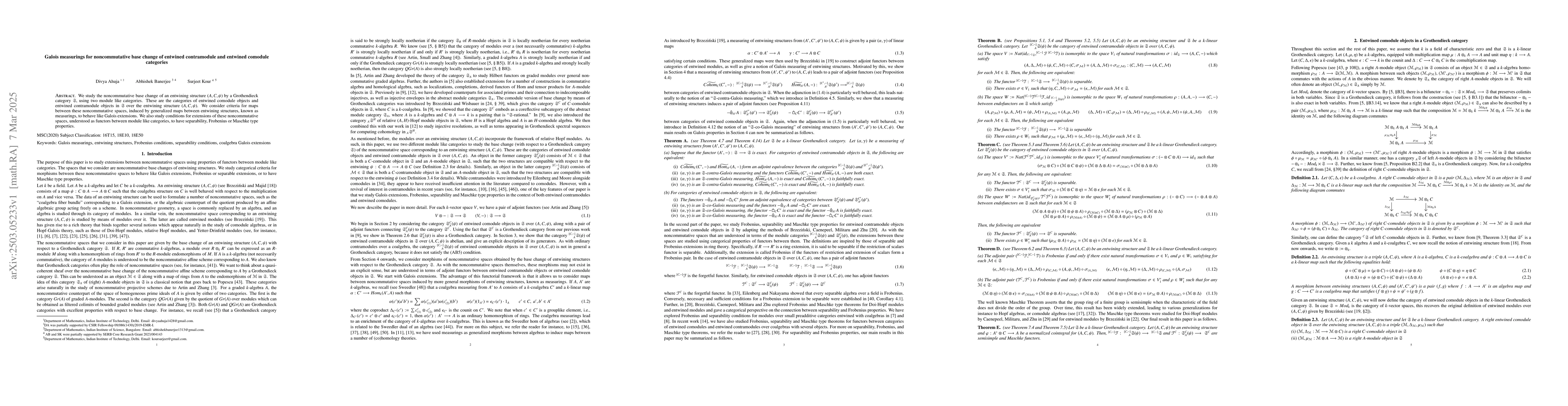 Thumbnail for Galois measurings for noncommutative base change of entwined
  contramodule and entwined comodule categories