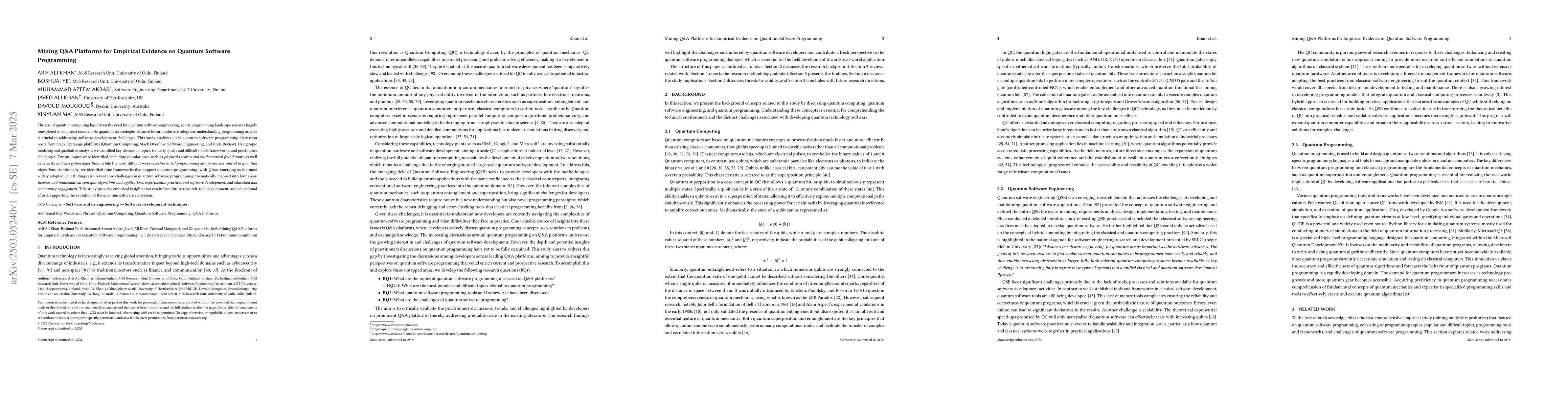 Thumbnail for Mining Q&A Platforms for Empirical Evidence on Quantum Software
  Programming