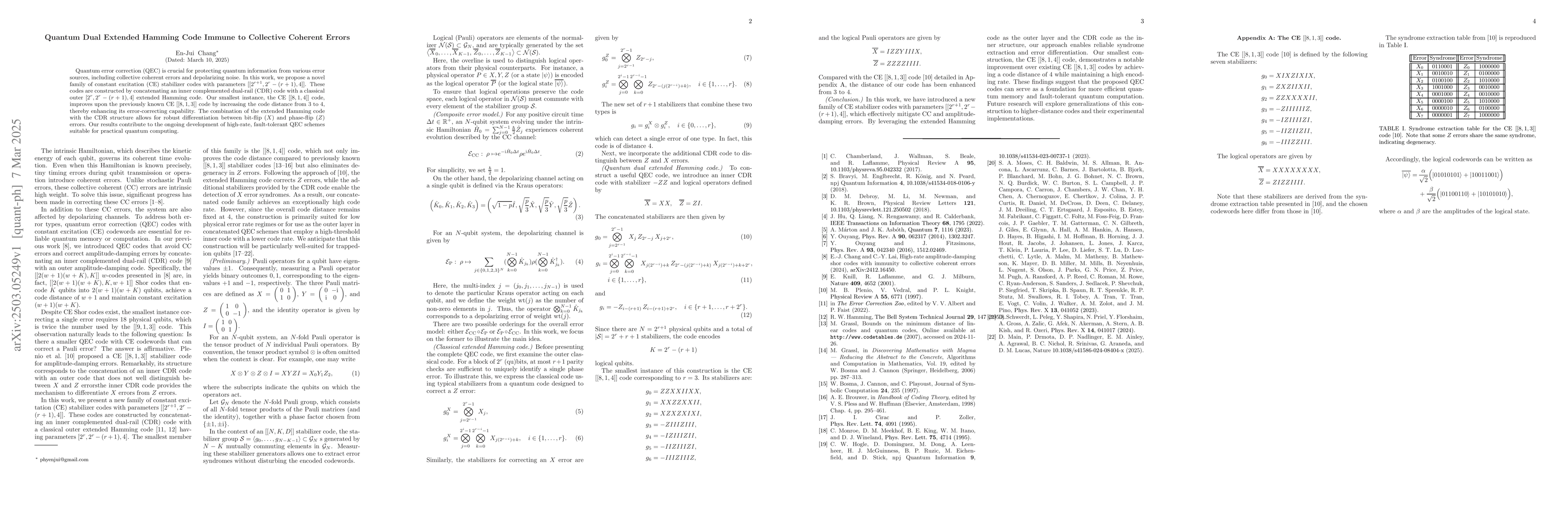Thumbnail for Quantum Dual Extended Hamming Code Immune to Collective Coherent Errors