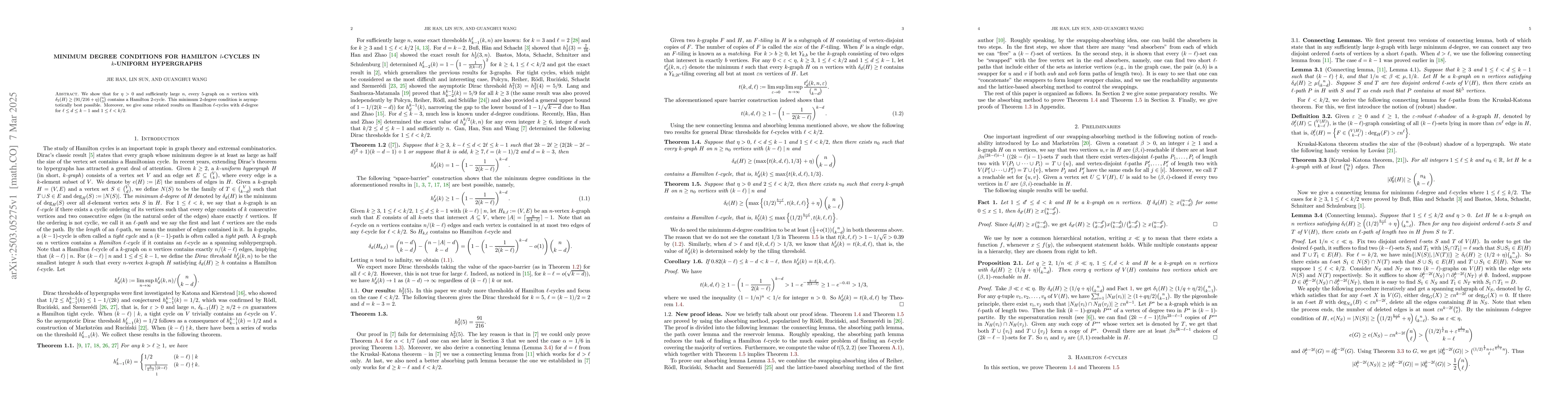 Thumbnail for Minimum degree conditions for Hamilton $l$-cycles in $ k $-uniform
  hypergraphs