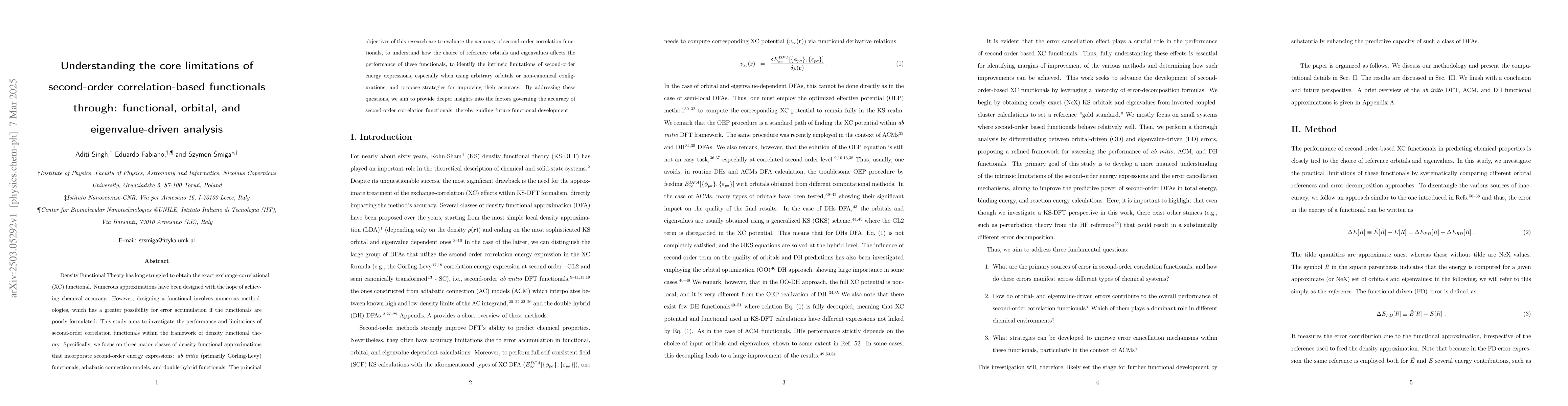 Thumbnail for Understanding the core limitations of second-order correlation-based
  functionals through: functional, orbital, and eigenvalue-driven analysis
