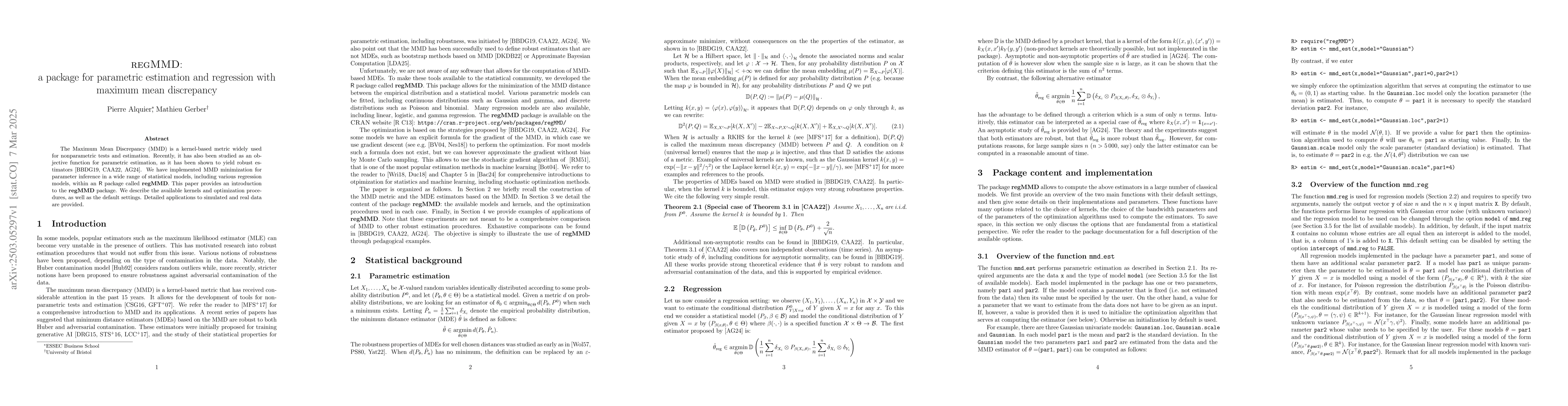 Thumbnail for regMMD: a package for parametric estimation and regression with maximum
  mean discrepancy
