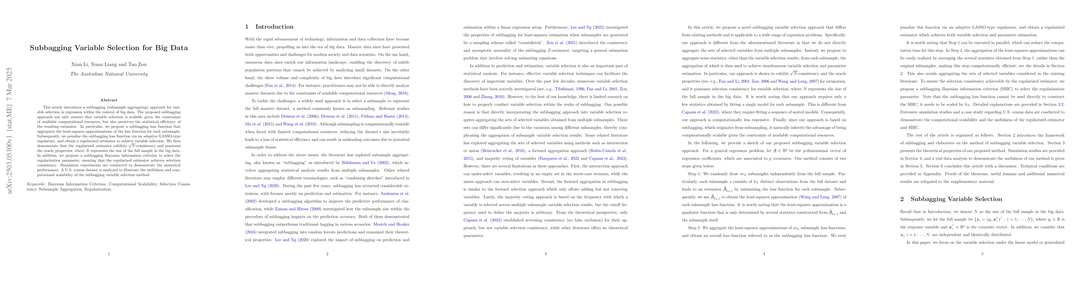 Thumbnail for Subbagging Variable Selection for Big Data