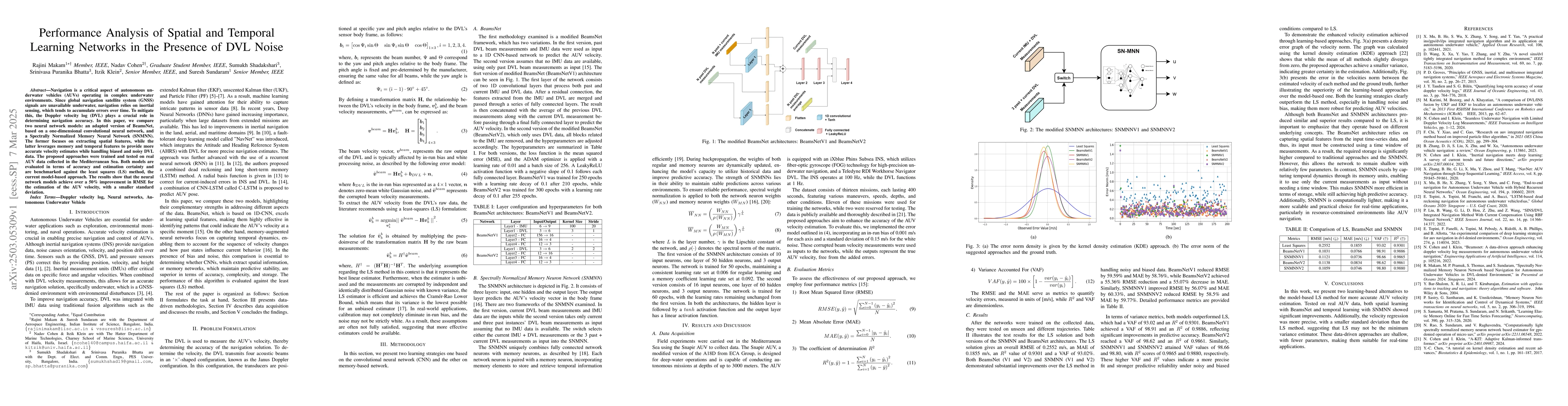 Thumbnail for Performance Analysis of Spatial and Temporal Learning Networks in the
  Presence of DVL Noise