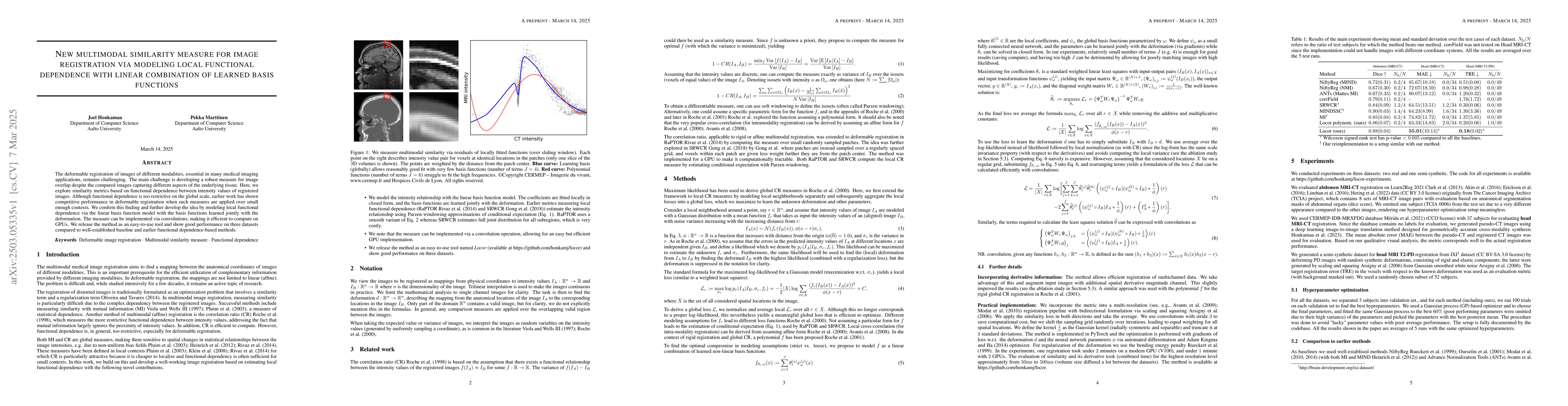 Thumbnail for New multimodal similarity measure for image registration via modeling
  local functional dependence with linear combination of learned basis
  functions
