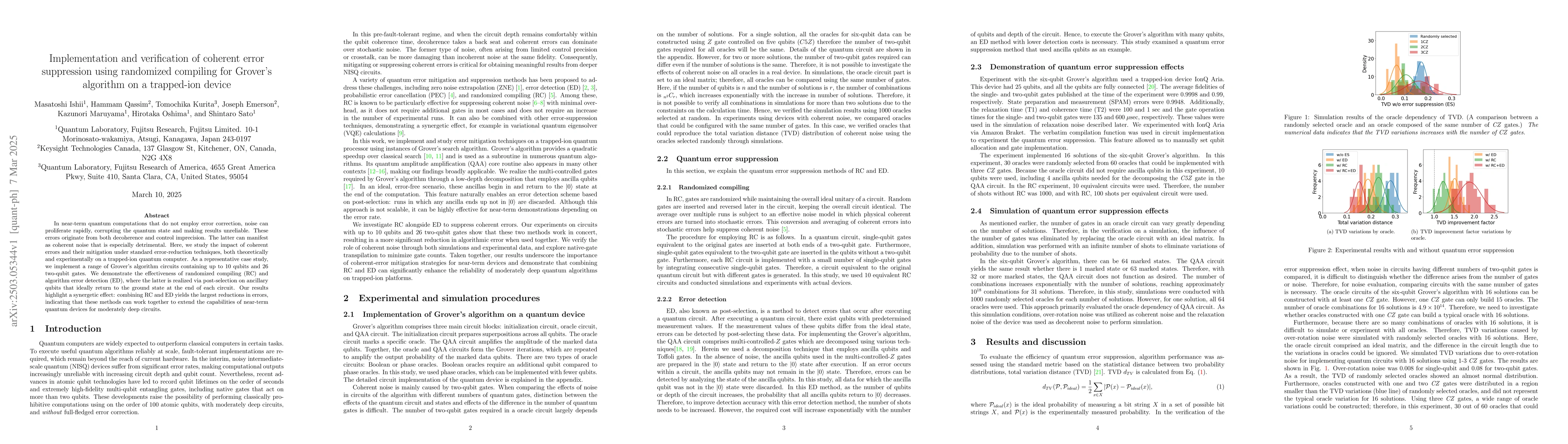 Thumbnail for Implementation and verification of coherent error suppression using
  randomized compiling for Grover's algorithm on a trapped-ion device