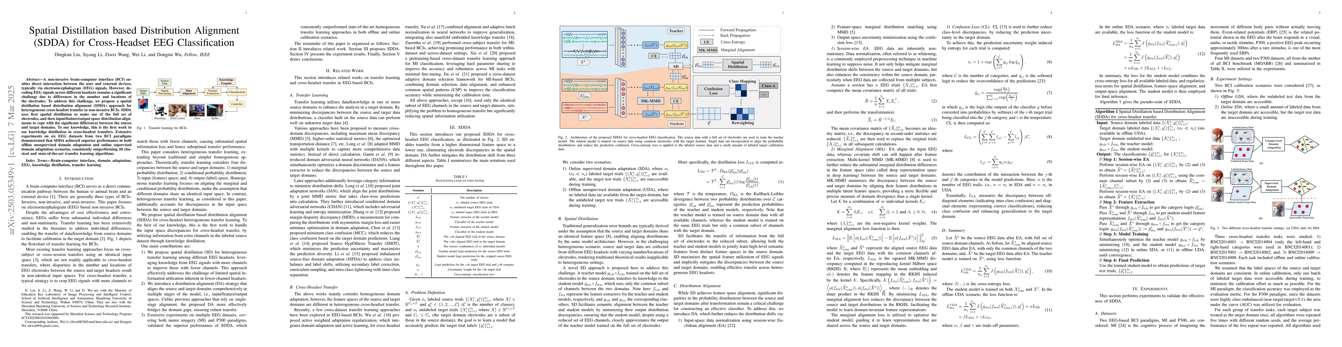 Thumbnail for Spatial Distillation based Distribution Alignment (SDDA) for
  Cross-Headset EEG Classification
