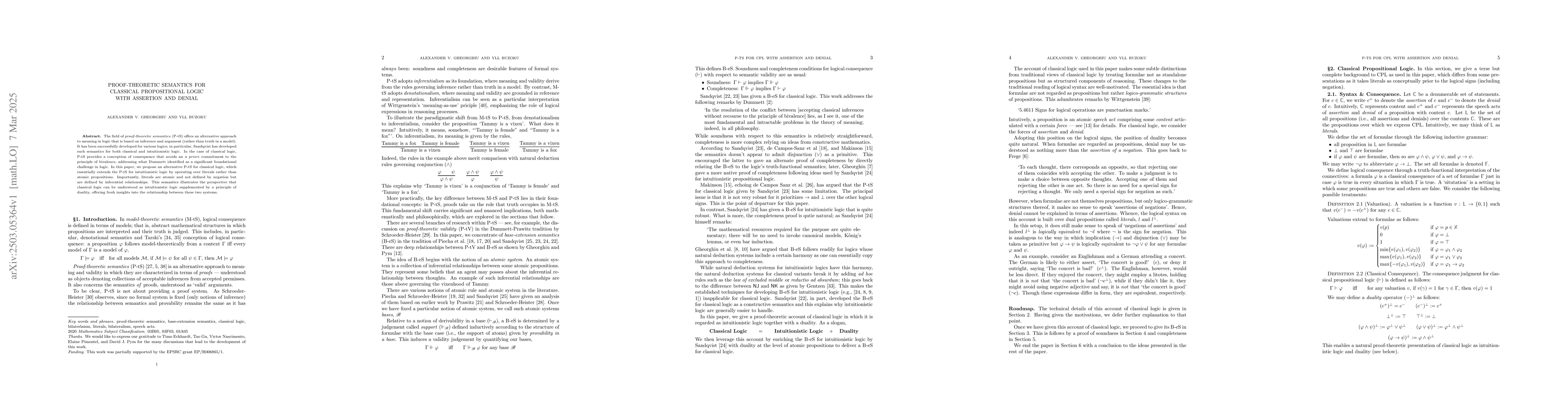 Thumbnail for Proof-theoretic Semantics for Classical Propositional Logic with
  Assertion and Denial