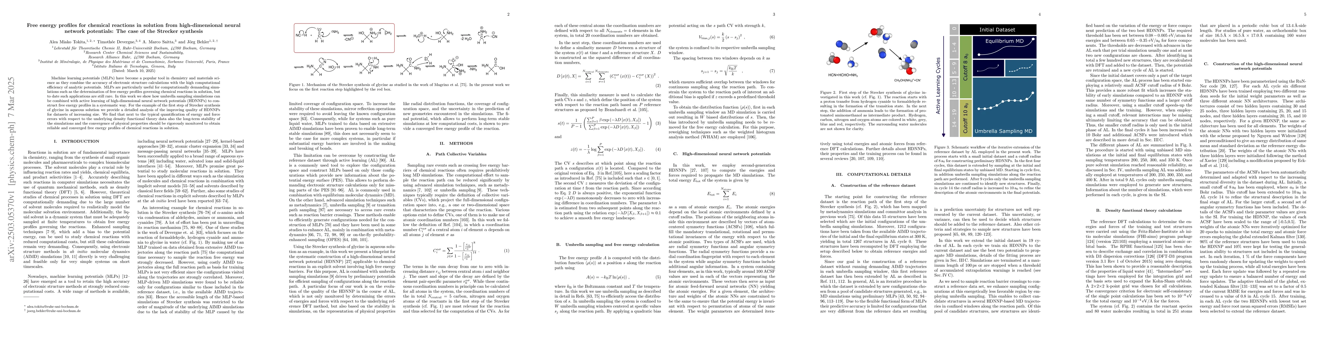 Thumbnail for Free energy profiles for chemical reactions in solution from
  high-dimensional neural network potentials: The case of the Strecker
  synthesis