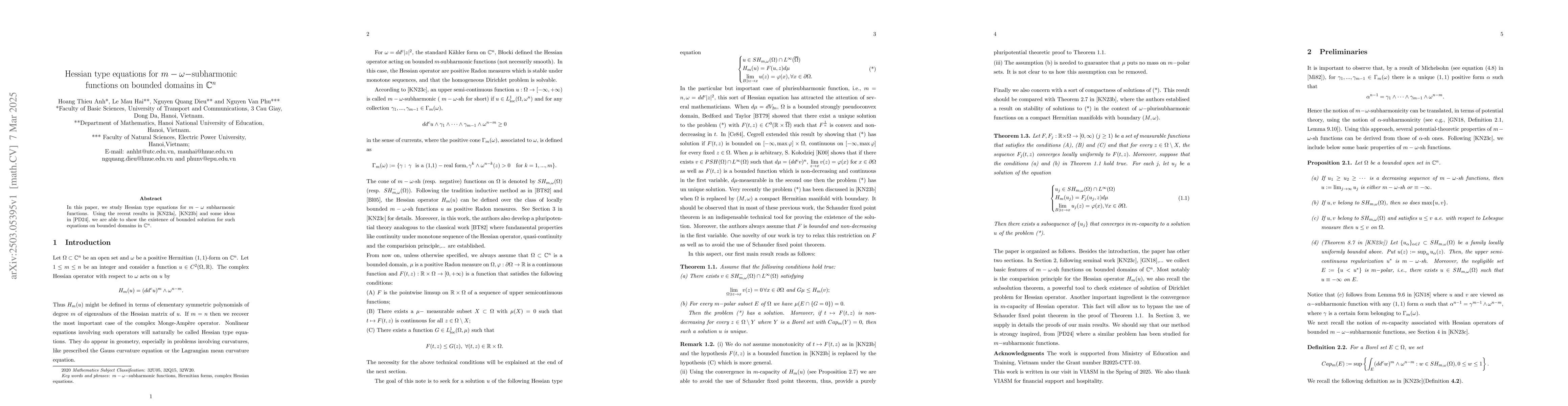 Thumbnail for Hessian type equations for $m-ω-$subharmonic functions on bounded
  domains in $\mathbb C^n$