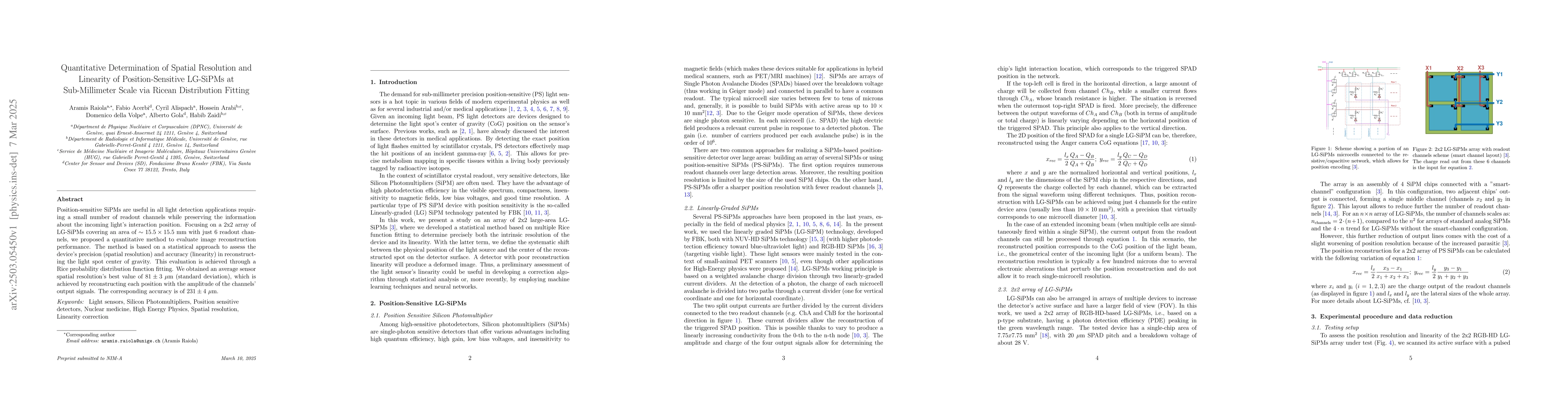 Thumbnail for Quantitative Determination of Spatial Resolution and Linearity of
  Position-Sensitive LG-SiPMs at Sub-Millimeter Scale via Ricean Distribution
  Fitting