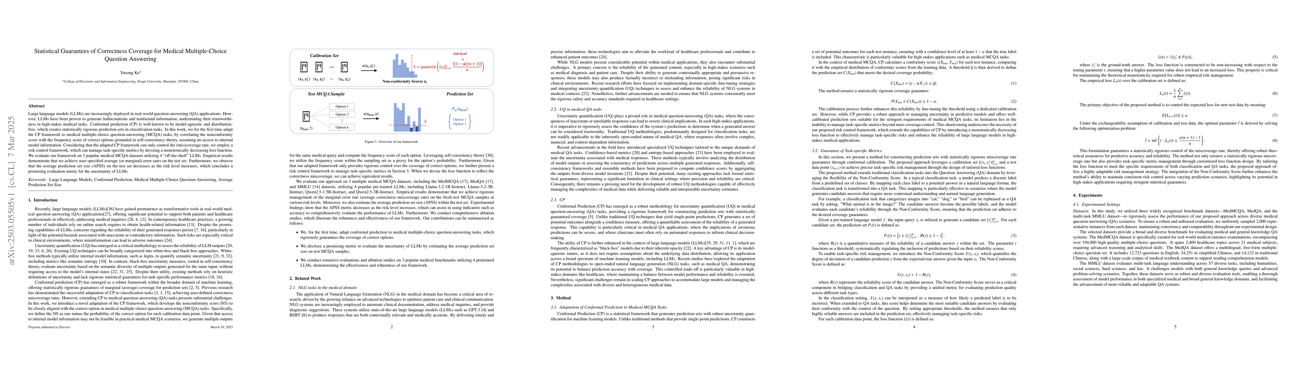 Thumbnail for Statistical Guarantees of Correctness Coverage for Medical
  Multiple-Choice Question Answering