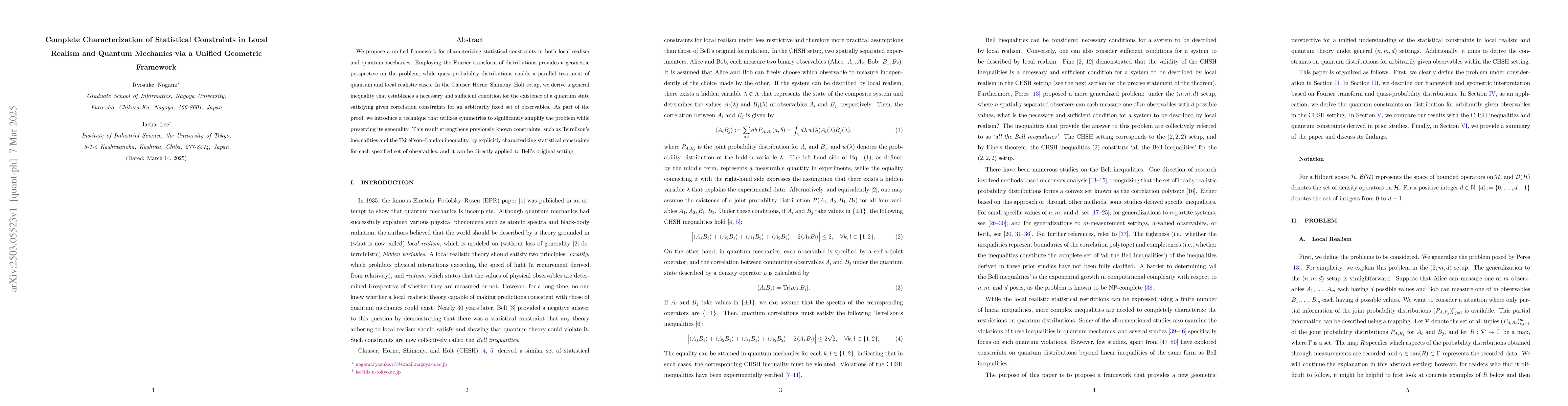 Thumbnail for Complete Characterization of Statistical Constraints in Local Realism
  and Quantum Mechanics via a Unified Geometric Framework