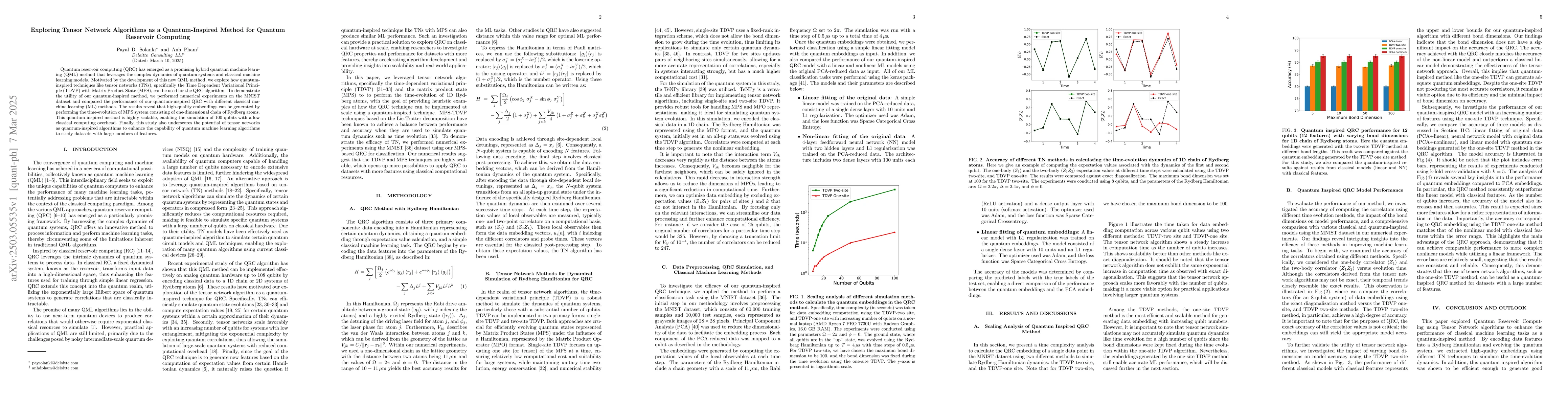 Thumbnail for Exploring Tensor Network Algorithms as a Quantum-Inspired Method for
  Quantum Reservoir Computing