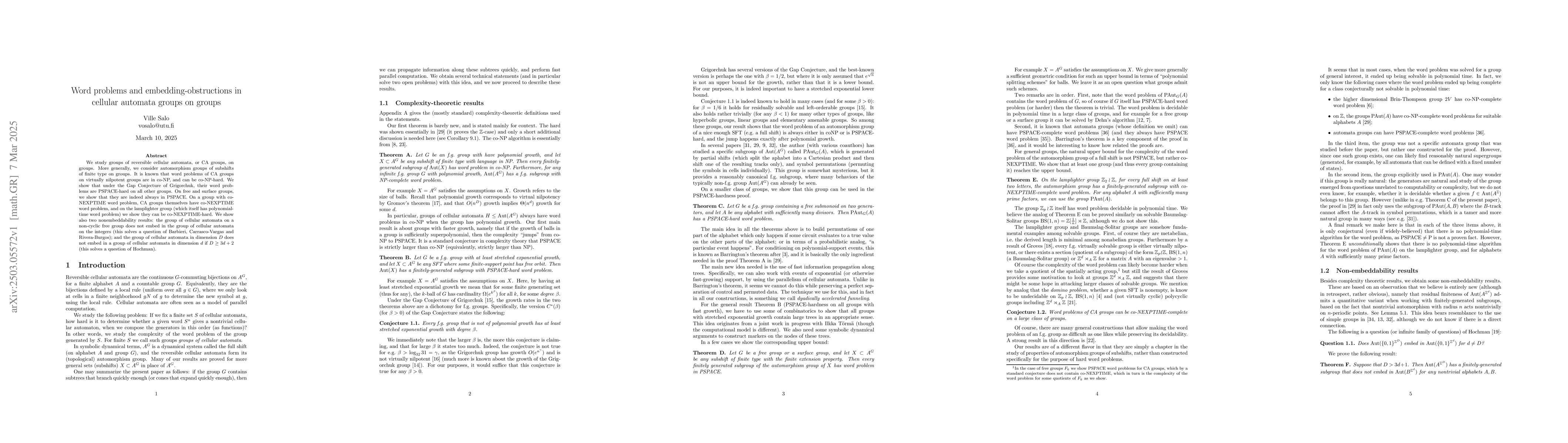 Thumbnail for Word problems and embedding-obstructions in cellular automata groups on
  groups