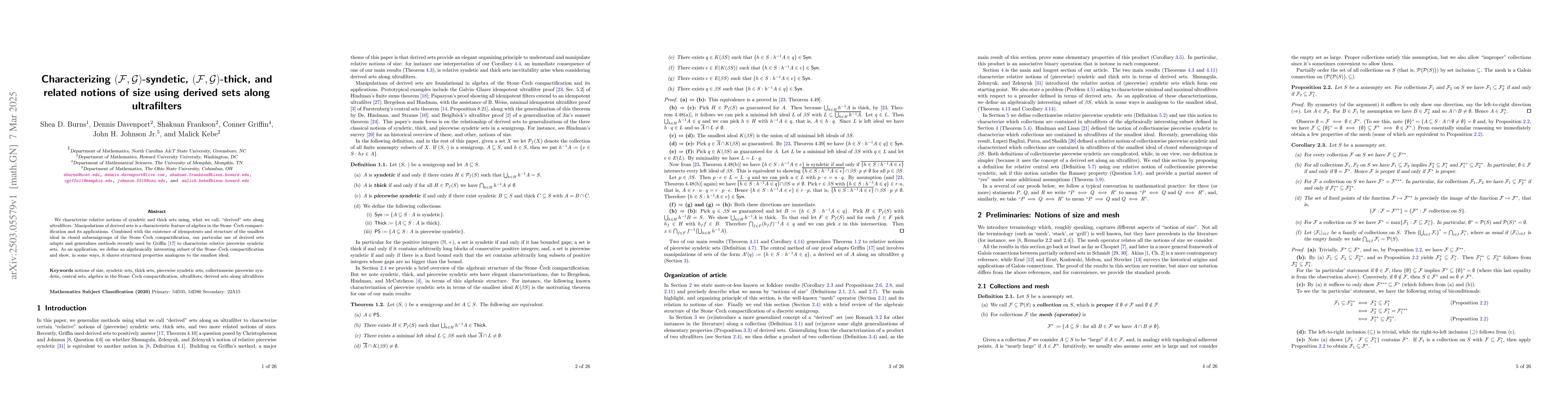 Thumbnail for Characterizing $ (\mathcal{F}, \mathcal{G}) $-syndetic, $ (\mathcal{F},
  \mathcal{G}) $-thick, and related notions of size using derived sets along
  ultrafilters