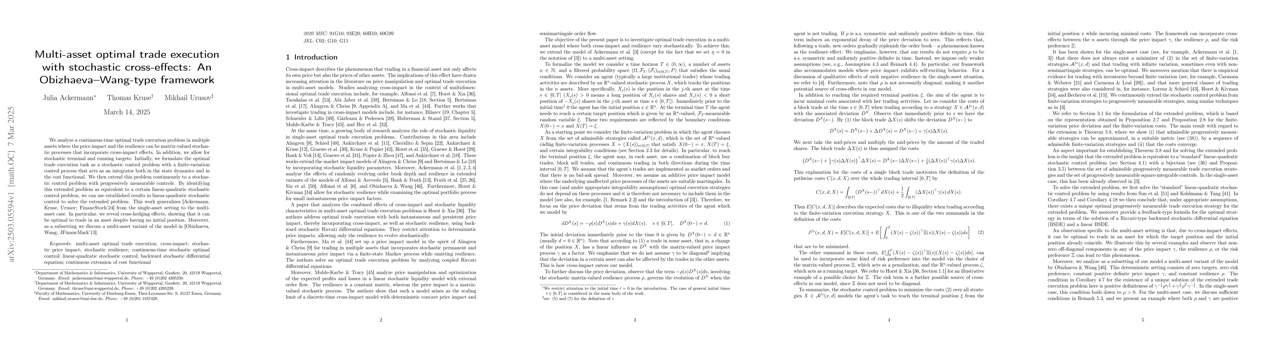 Thumbnail for Multi-asset optimal trade execution with stochastic cross-effects: An
  Obizhaeva-Wang-type framework