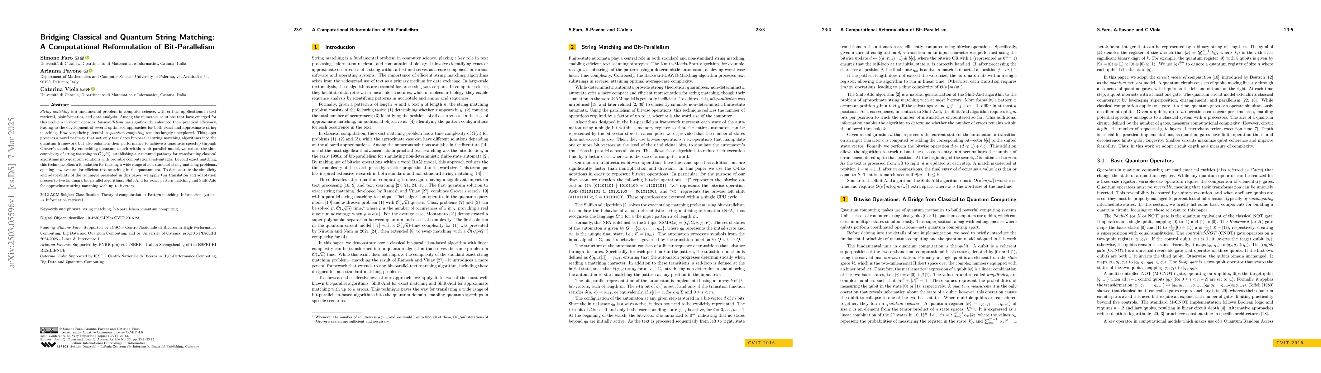 Thumbnail for Bridging Classical and Quantum String Matching: A Computational
  Reformulation of Bit-Parallelism