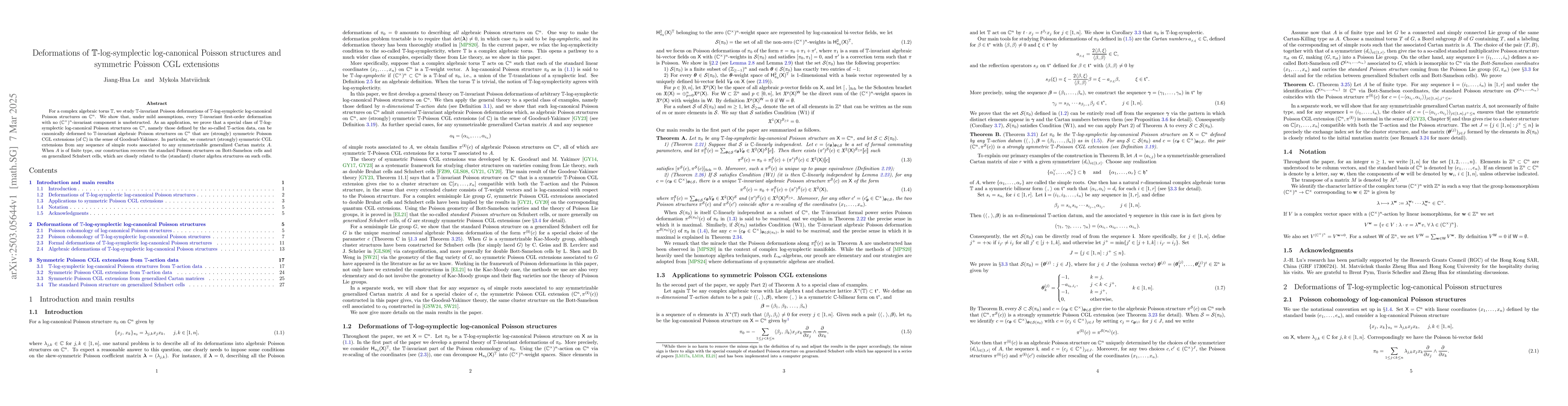 Thumbnail for Deformations of T-log-symplectic log-canonical Poisson structures and
  symmetric Poisson CGL extensions