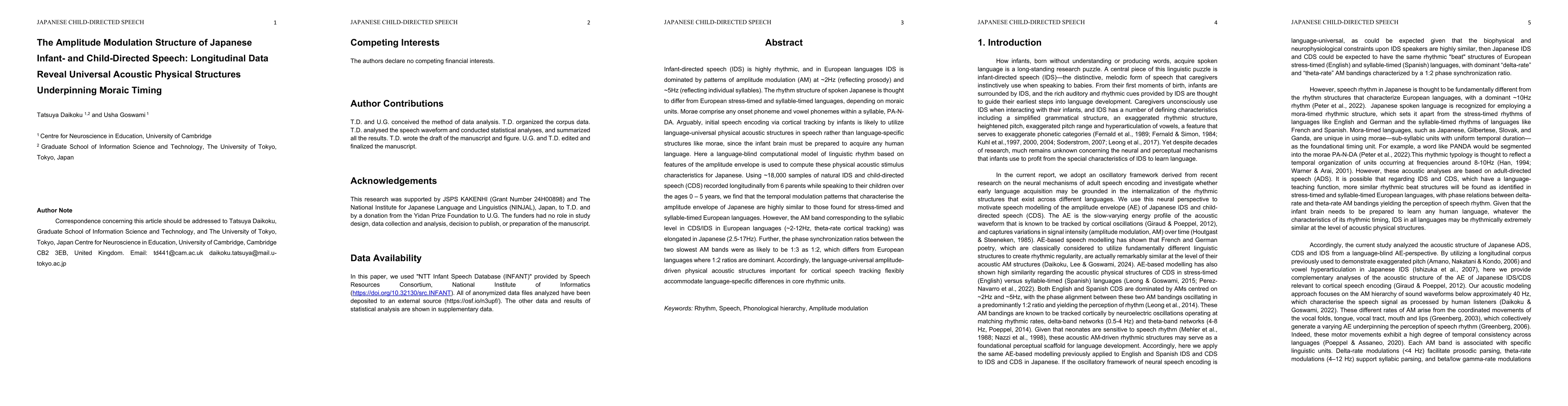 Thumbnail for The Amplitude Modulation Structure of Japanese Infant- and
  Child-Directed Speech: Longitudinal Data Reveal Universal Acoustic Physical
  Structures Underpinning Moraic Timing