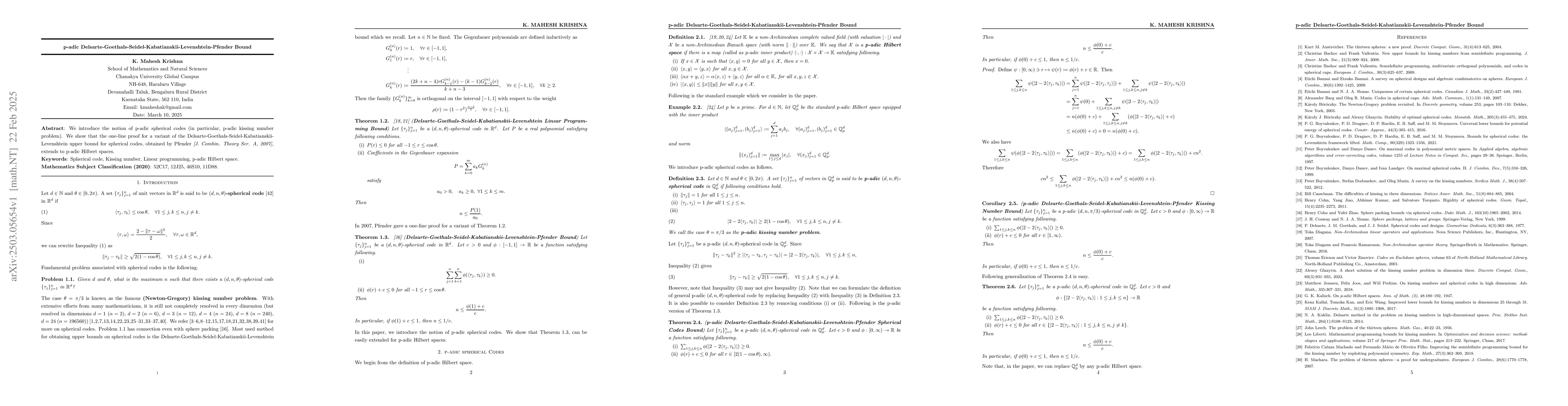 Thumbnail for p-adic Delsarte-Goethals-Seidel-Kabatianskii-Levenshtein-Pfender Bound